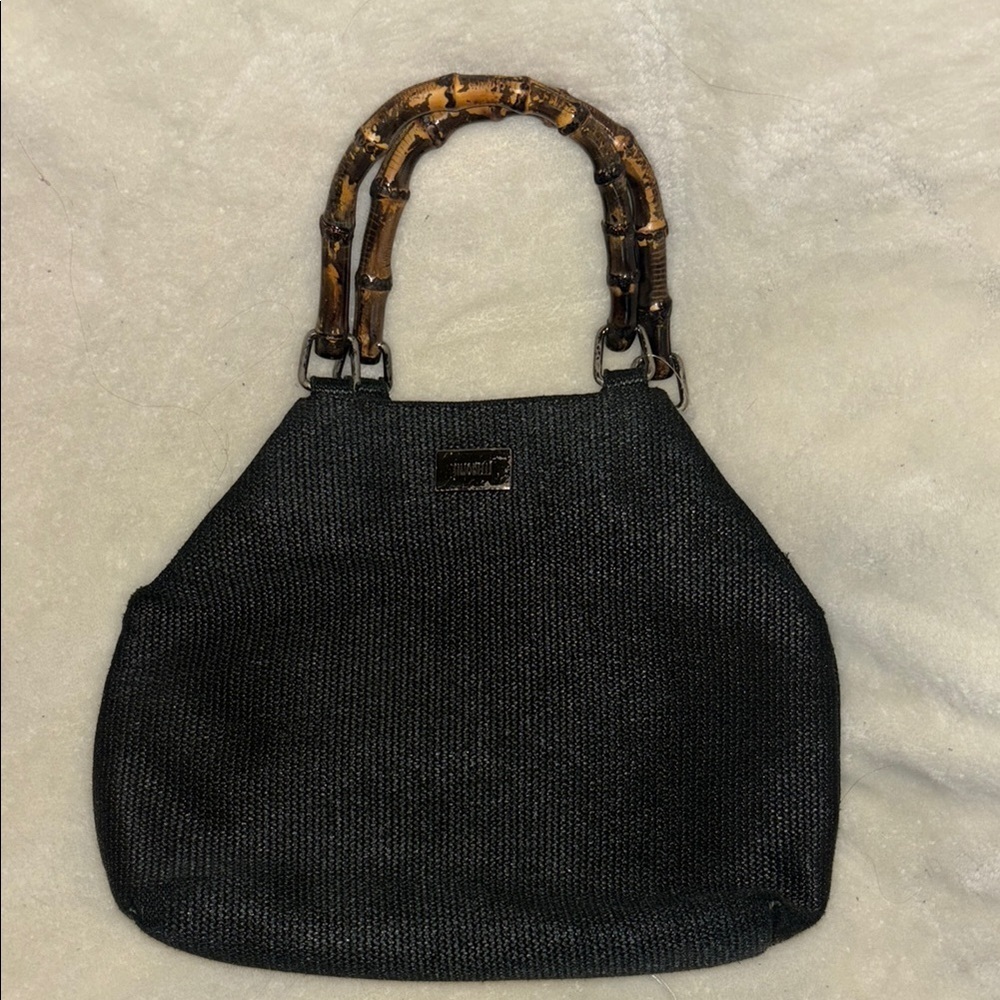 SIMONELLI BRAND BLACK HAND BAG WITH BAMBOO LIKE(ACRYLIC) HANDLES SNAP CLOSURE